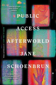Book cover with bright, pixelated television screens on a black background.