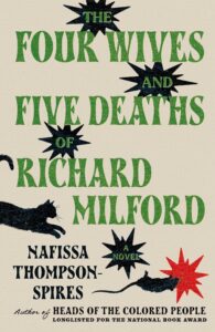 Book cover with bold green and black text, abstract star shapes, and an illustrated black cat and mouse.