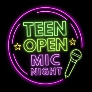 Neon sign reading Teen Open Mic Night displayed within a circular frame accented by two stars and a microphone icon.