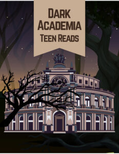 Classical-style building at night under a twilight sky, framed by dark, silhouetted trees.
