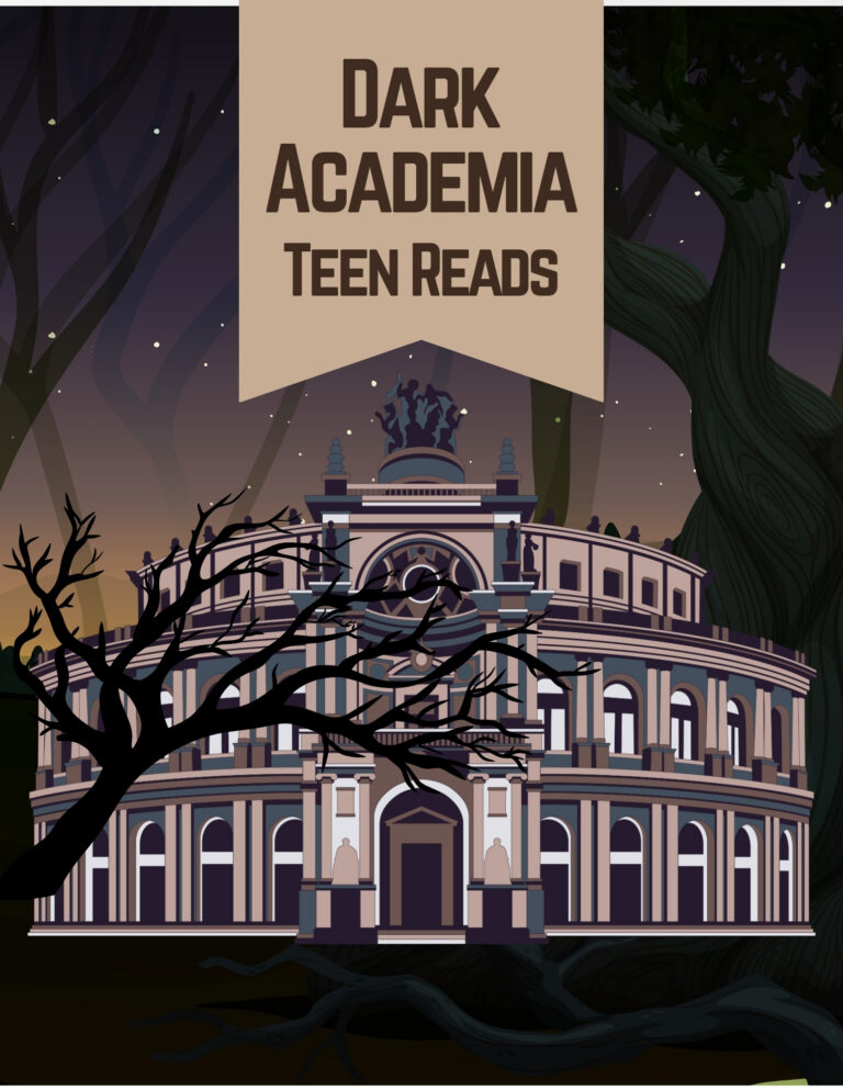 Classical-style building at night under a twilight sky, framed by dark, silhouetted trees.