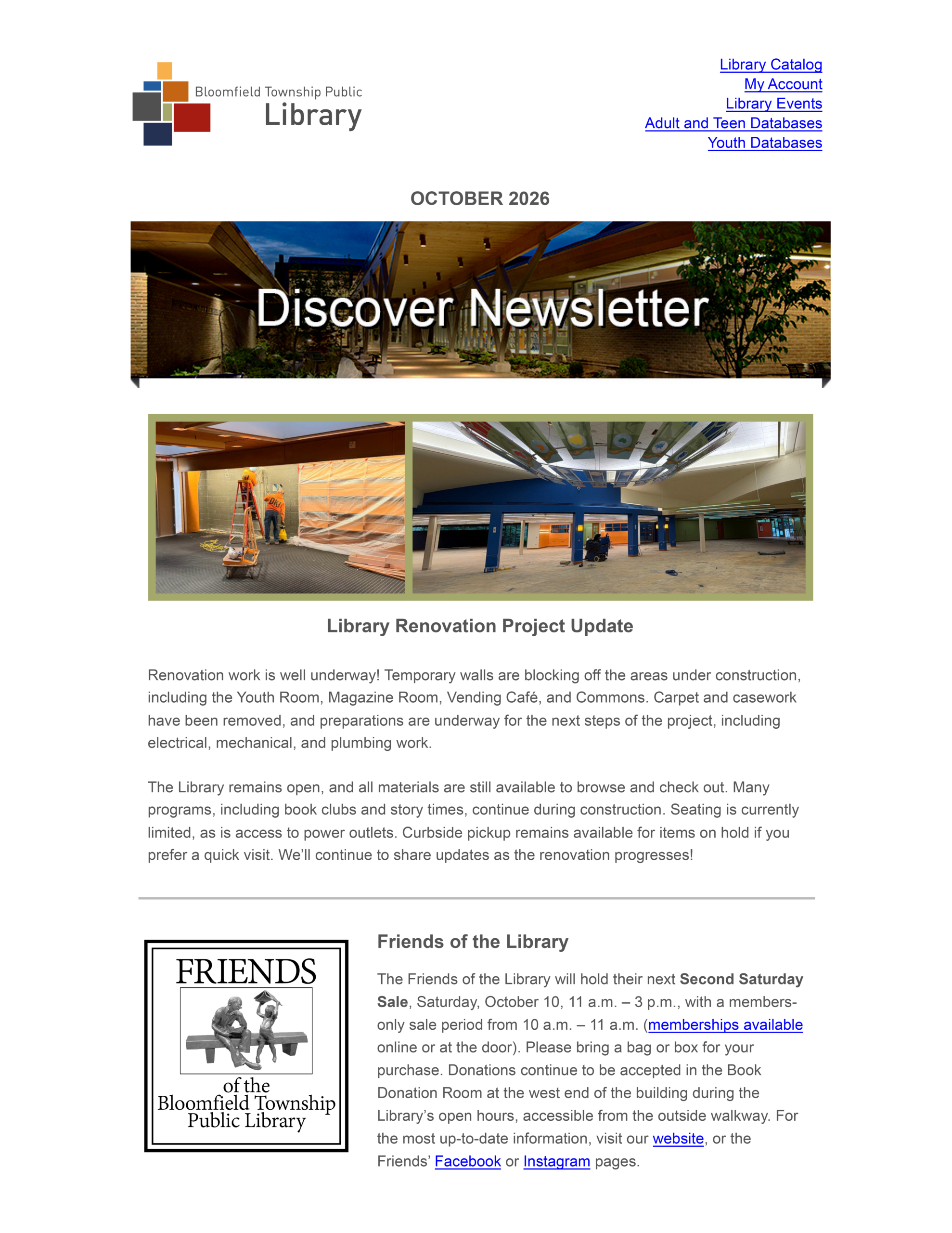 The cover of the Bloomfield Township Public Library enewsletter from October 2026, featuring renovation update details and a highlighted notice about the Friends of the Library’s upcoming Saturday book sale.