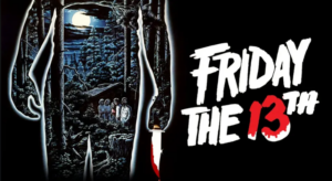 Movie art showing the chalk outline of a person holding a knife against a moonlit forest scene with a group of people standing near a cabin.