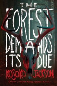 Book cover featuring a centered red deer skull set against a dark, shadowy forest background.