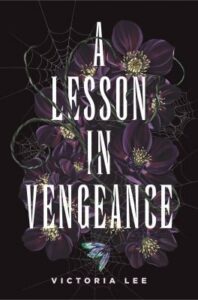 Book cover illustration featuring dark purple flowers and a spiderweb set against a black background.