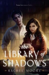 Book cover illustration depicting a young woman holding a book in the foreground with a young man standing behind her in a library.