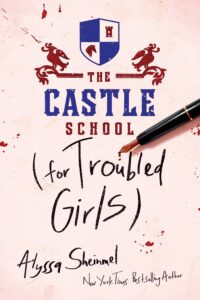 Book cover featuring a fountain pen resting on a page with a school crest above handwritten text and red ink splatters.
