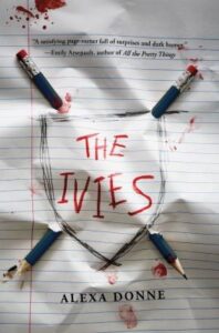 Book cover displayed on crumpled lined paper, featuring a hand-drawn shield pierced by four pencils marked with red ink or blood.