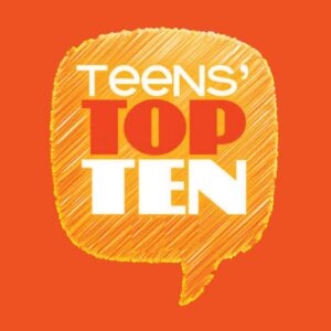 Teens Top Ten logo featuring a white and orange speech bubble graphic set against an orange background.