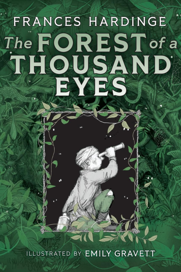 An illustrated book cover of a young girl crouching to look through a spyglass, framed by vines and dense forest foliage filled with hidden glowing eyes.