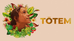 Young girl gazing upward, surrounded by vibrant tropical flowers and leaves on a beige background, featured on a book cover.